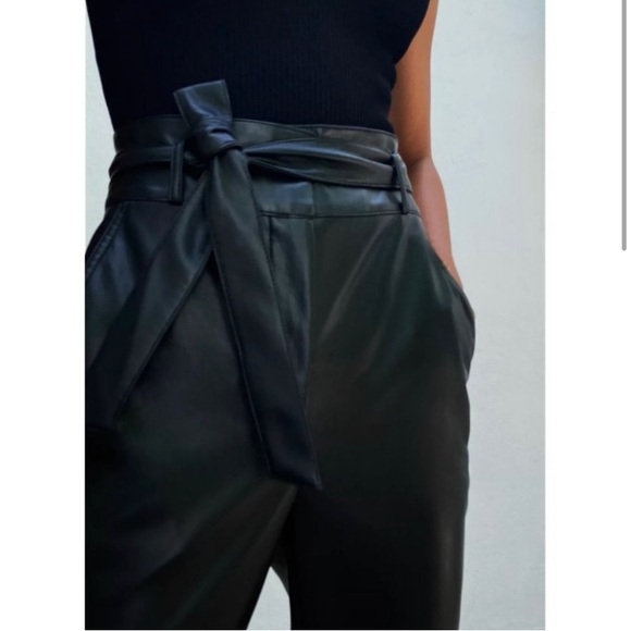 Babaton Black Belted Vegan Faux Leather High Rise Trouser Pant - Picture 3 of 15